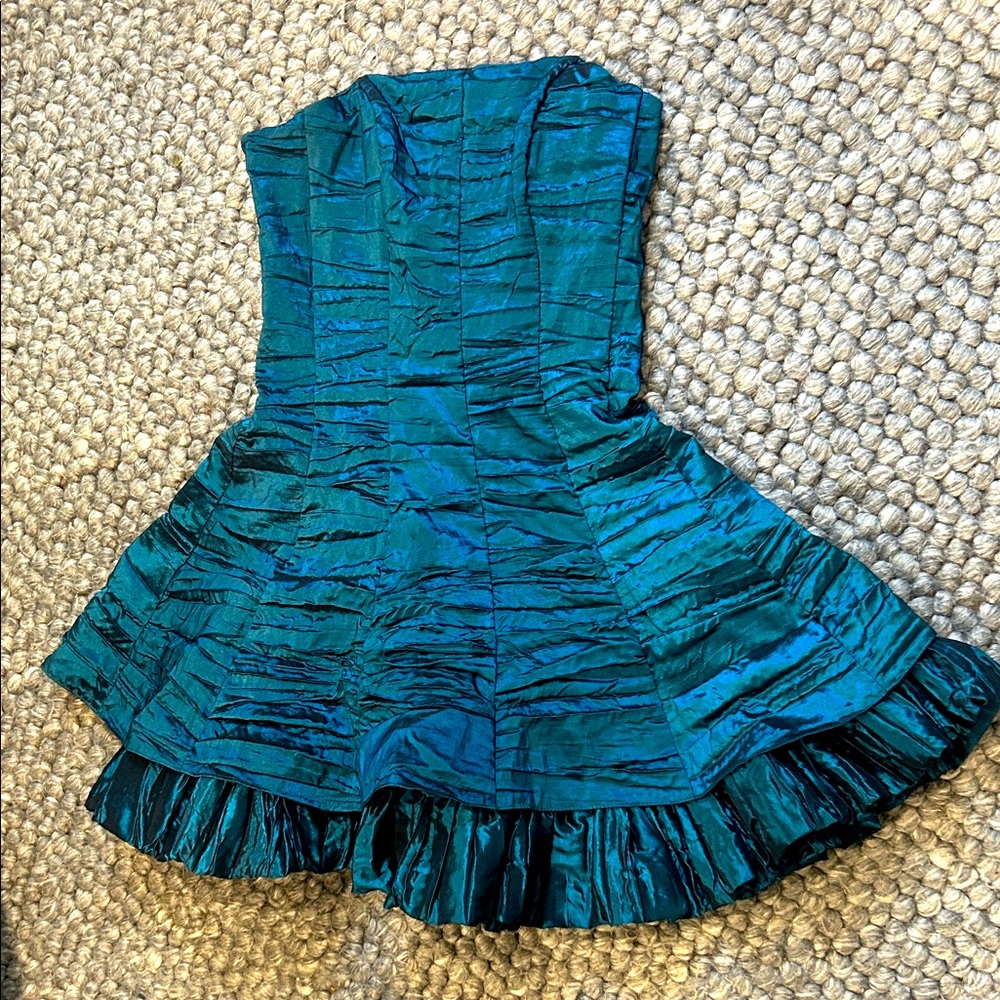 Morgan & Co Metallic Teal Mini Ruffle Cocktail Dress Size 5/6